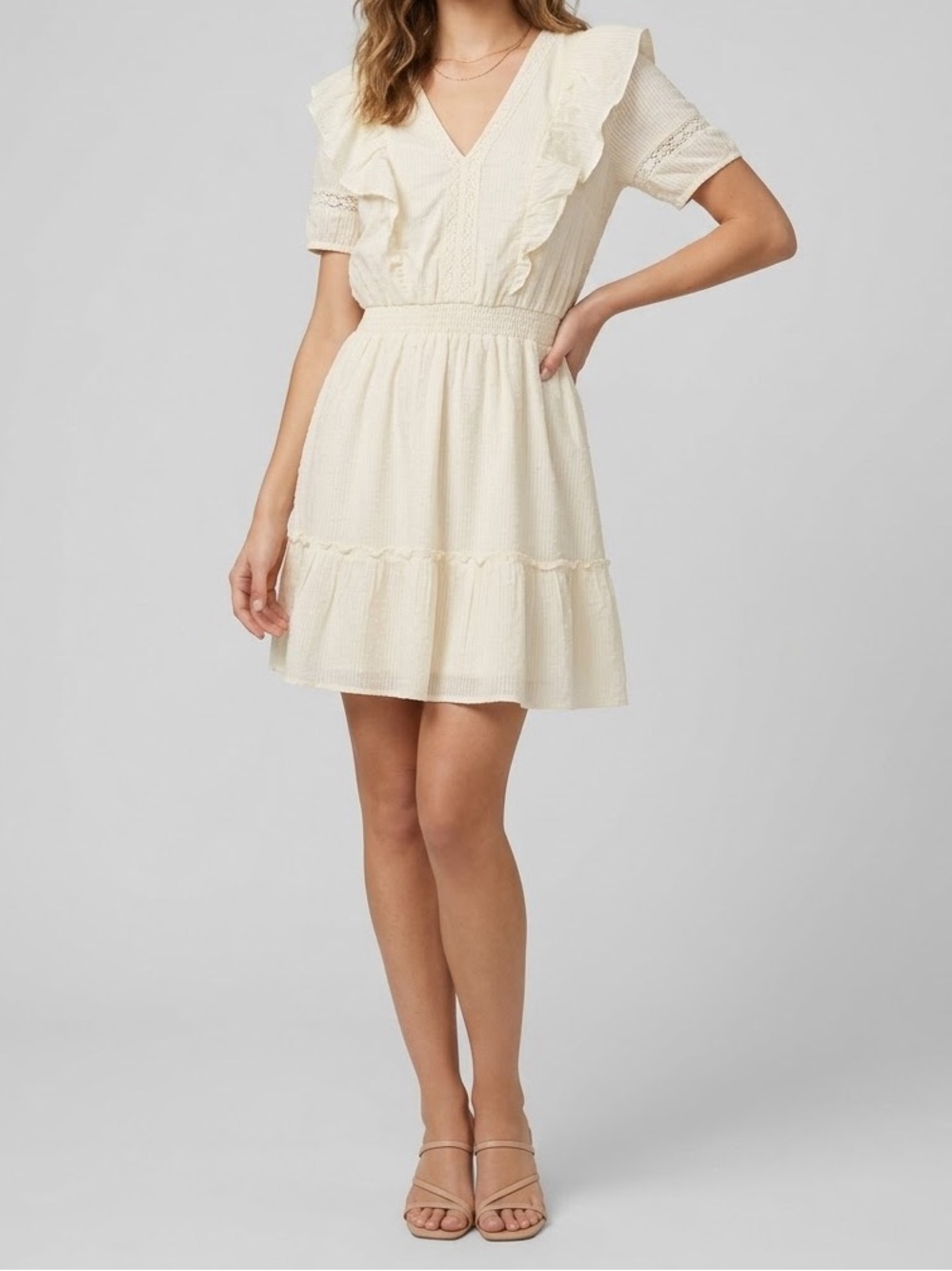 LC Lauren Conrad Cream Ruffle V-Neck Tiered Swiss Dot Mini Dress